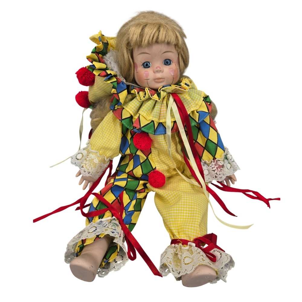 Vintage Porcelain Clown Doll Blonde Jester Harlequin Gingham Yellow Red 16 Inch